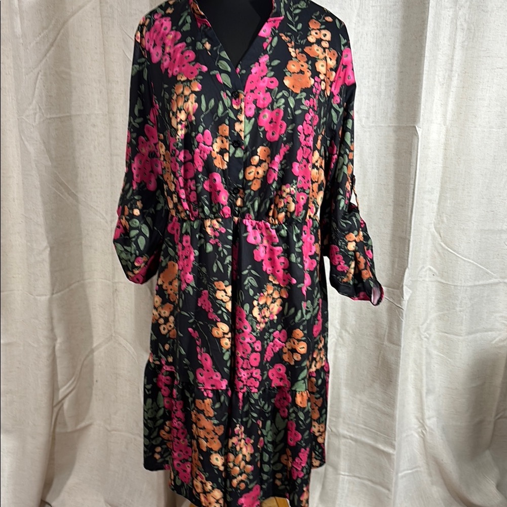 Floral Black Dress with Pink and Orange Accents